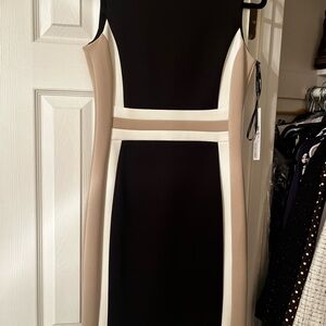 Calvin Klein Black and Cream Colorblock Midi Dress NWT